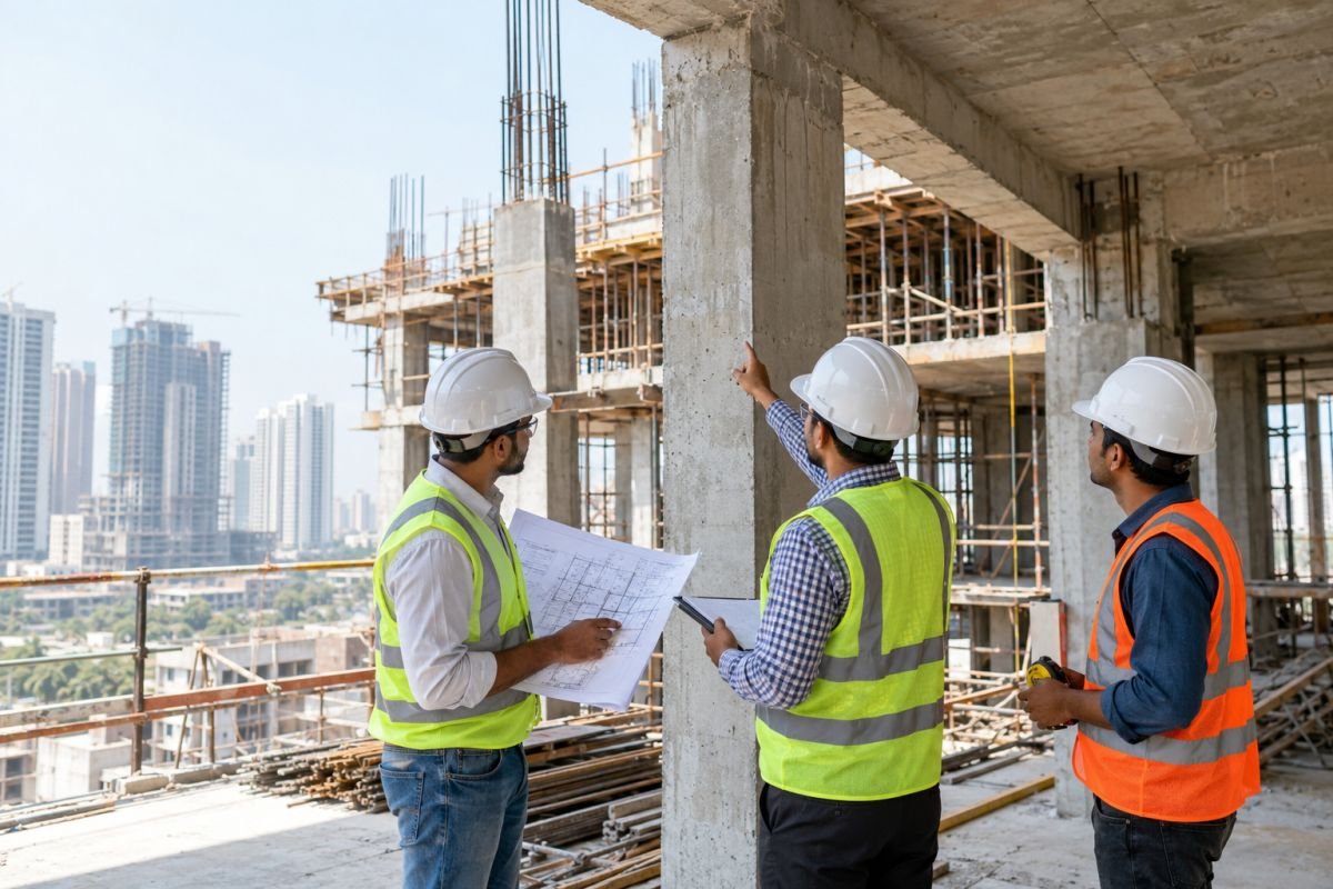 Engineers inspecting reinforced concrete construction at a residential building site in Gurgaon