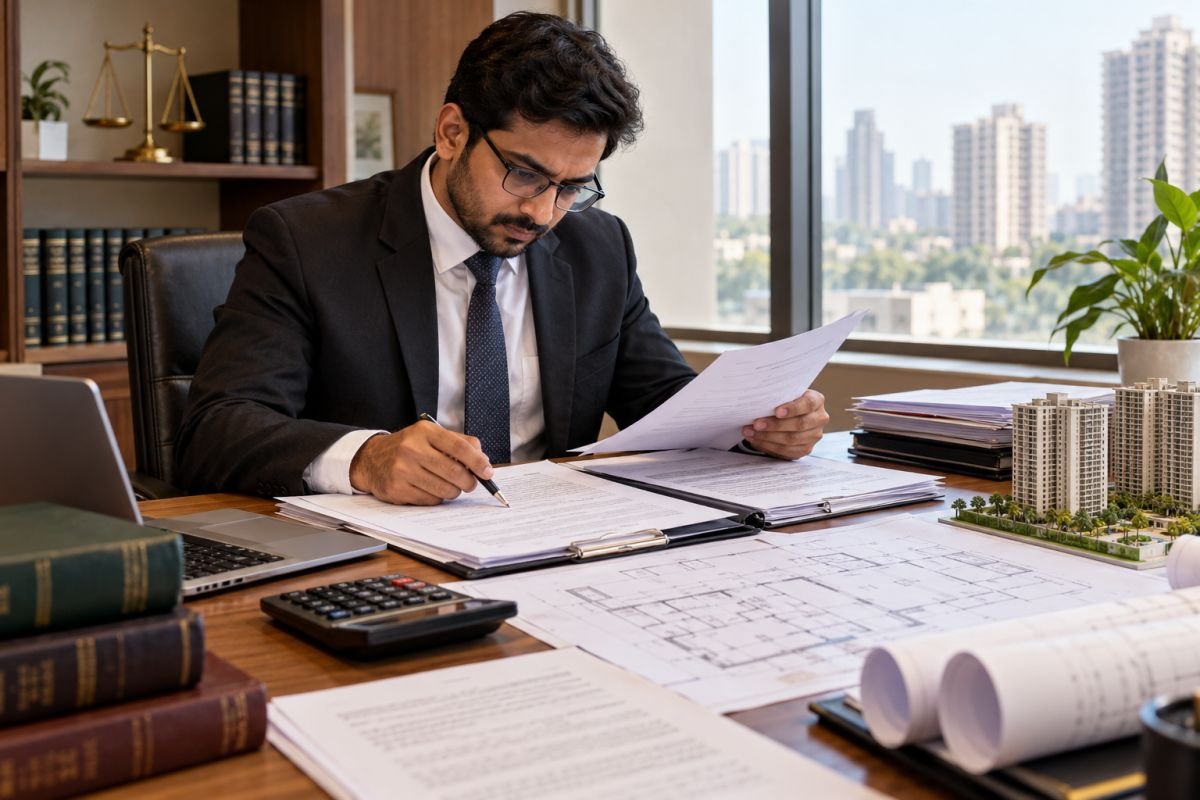 Property buyer reviewing real estate registration records and building approval documents