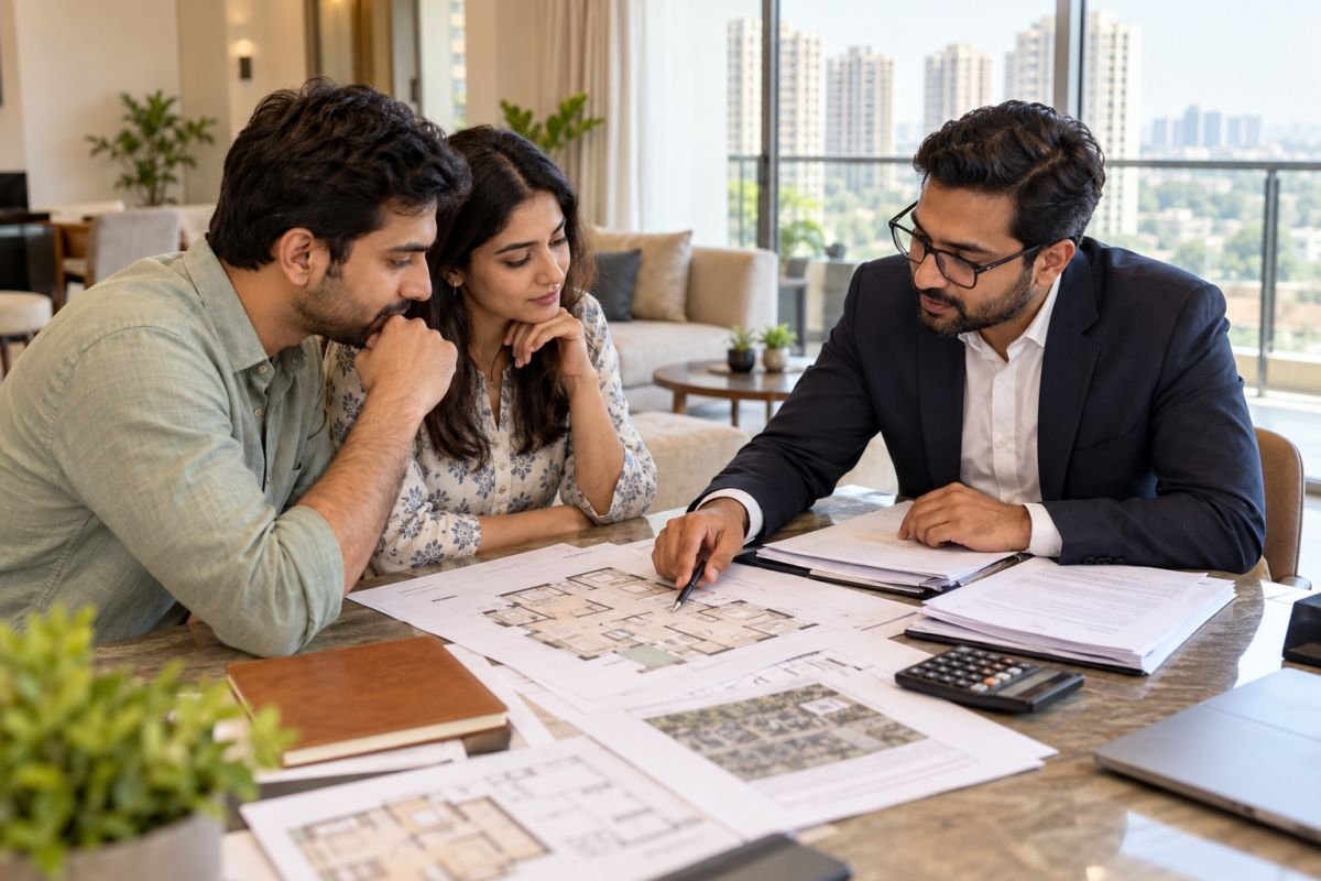Homebuyer reviewing real estate documents and floor plans before purchasing an apartment