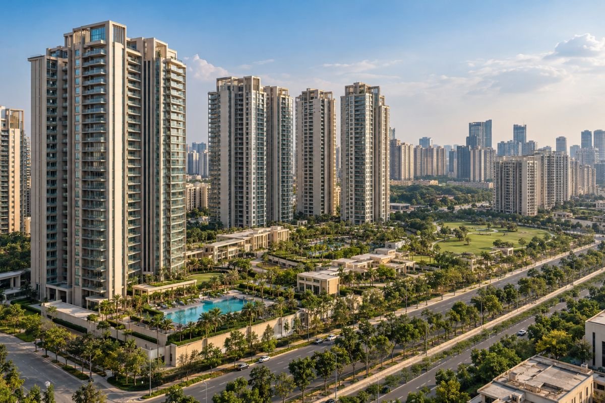 Luxury residential high-rise developments along Golf Course Extension Road in Gurugram