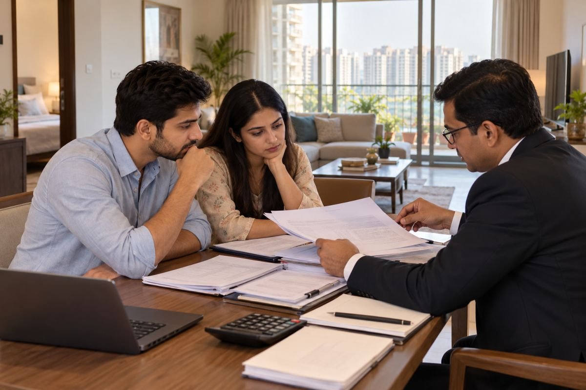 Property buyer reviewing ownership documents and legal checks before purchasing a resale apartment in Gurgaon