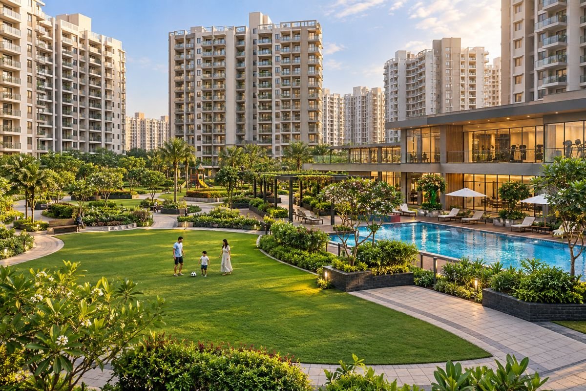 Landscaped residential gardens, clubhouse and swimming pool in a premium Gurgaon apartment community