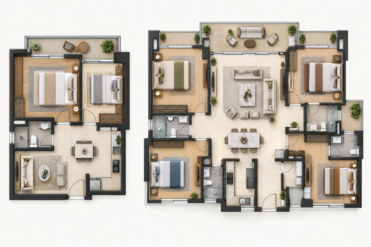 Compact 1 and 2 BHK apartment layout compared with larger 3 and 4 BHK residential floor plans