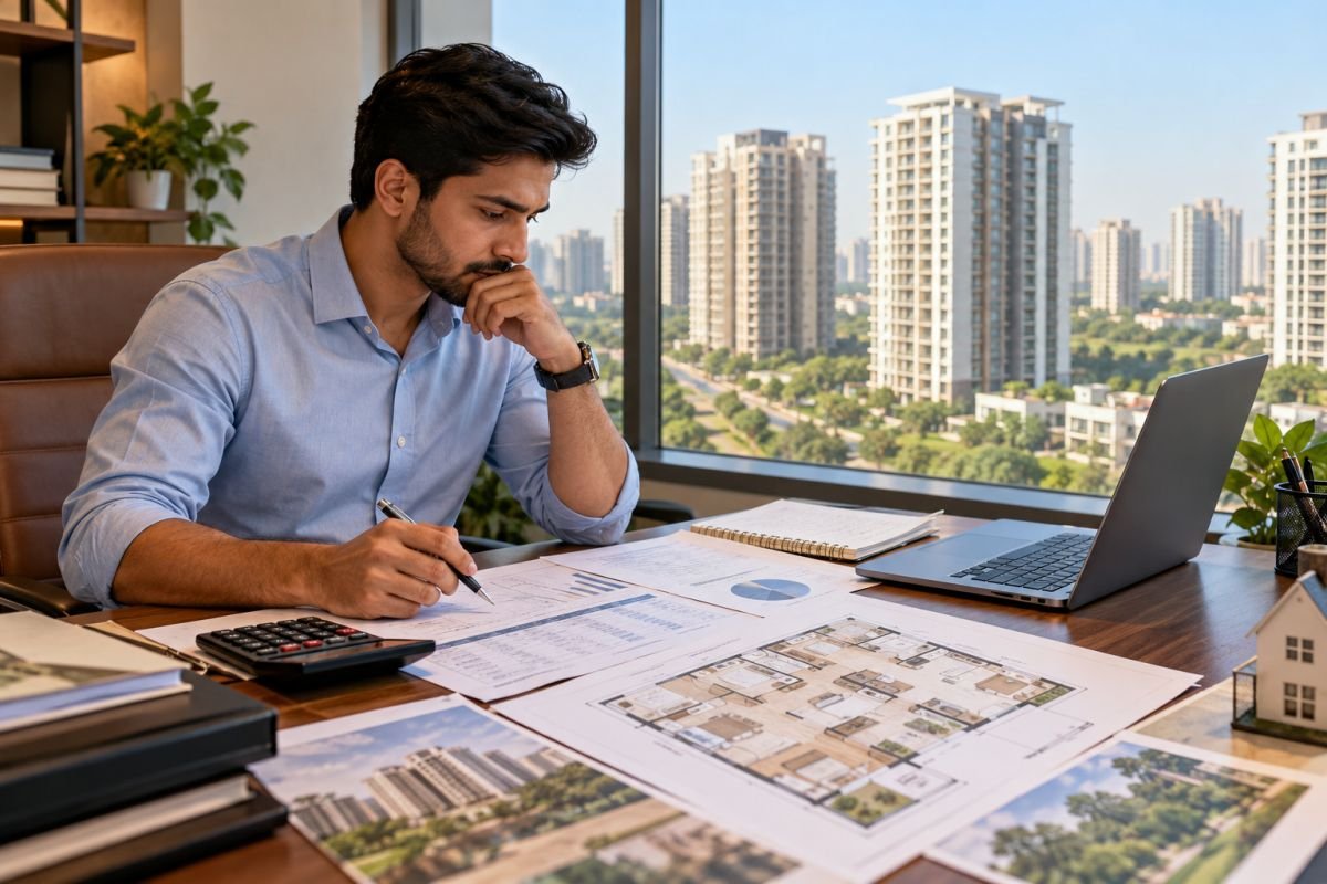 Real estate investor reviewing residential property documents and apartment investment figures