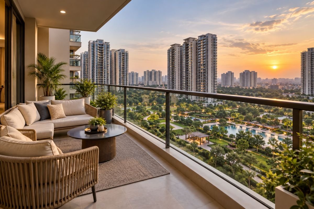 Luxury apartment balcony overlooking a residential complex in Gurgaon for property ownership and rental evaluation