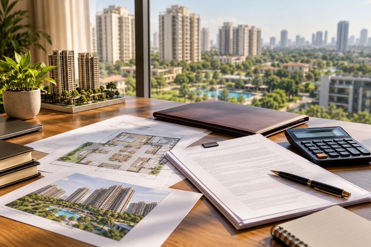 Property documents and apartment plans used for RERA and possession due diligence in Gurgaon