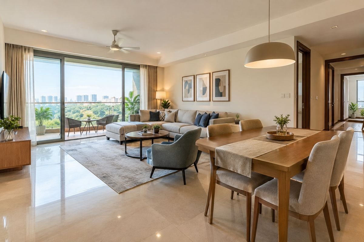 Spacious apartment living and dining area illustrating residential layout differences between Tulip Yellow and Tulip White