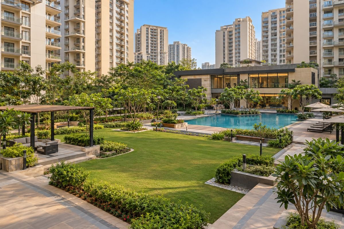 Landscaped residential community with clubhouse, swimming pool and apartment towers