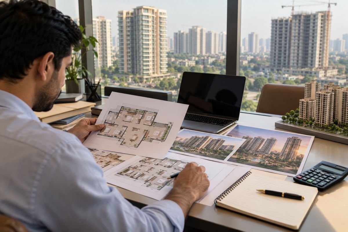 Property investor reviewing apartment floor plans and purchase documents for a Gurgaon real estate investment
