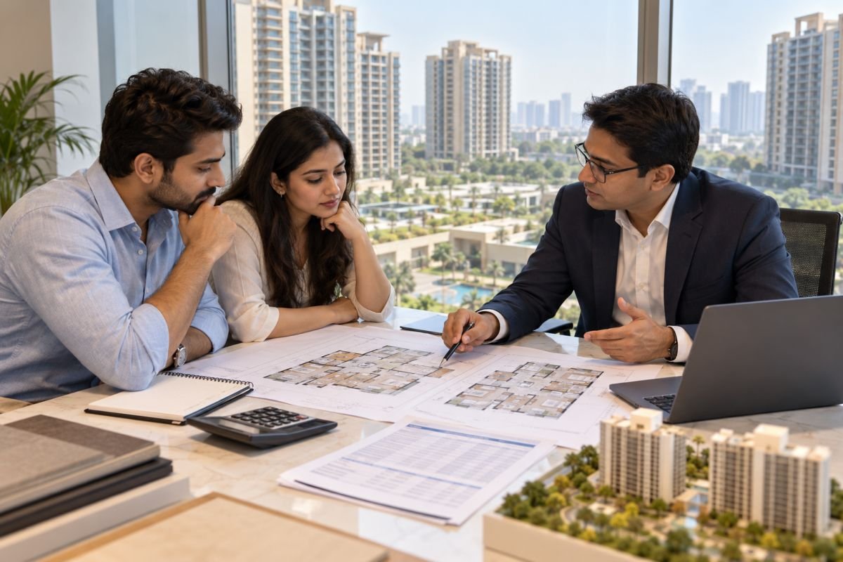 Gurgaon homebuyer comparing apartment floor plans and purchase prices.