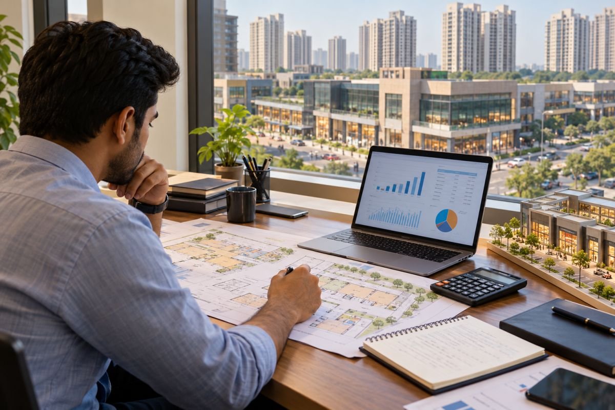 Real estate investor reviewing commercial property costs and rental yield calculations at an office desk.
