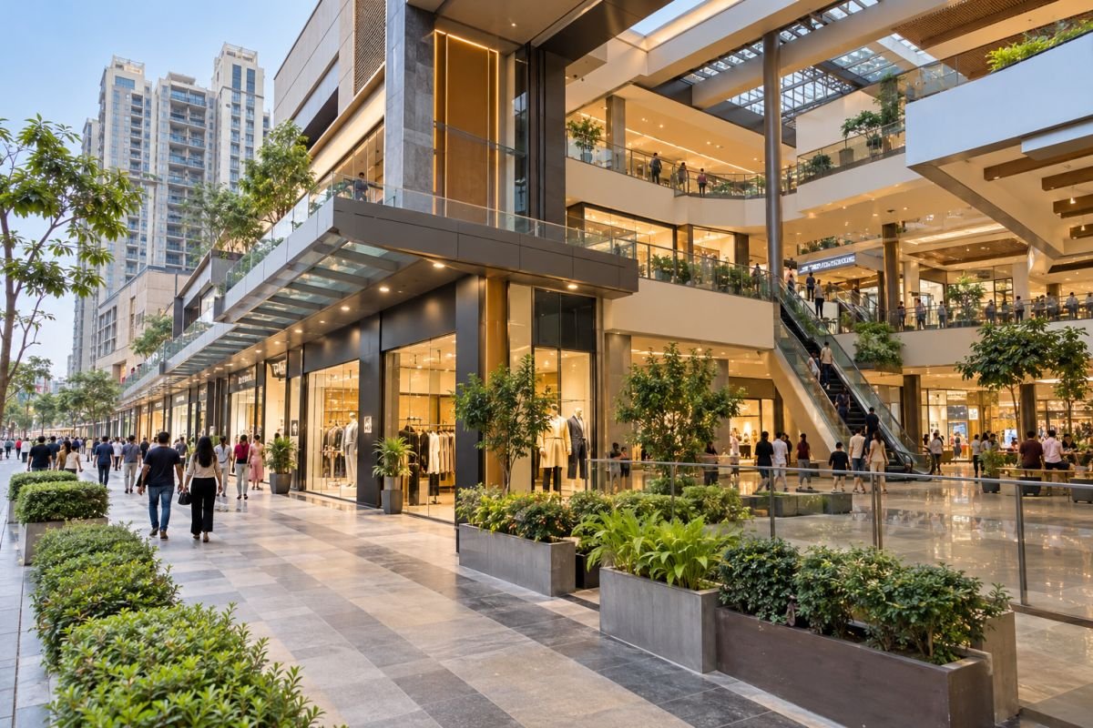 Ground-floor commercial shopfronts and upper-level retail circulation in a modern Indian commercial development.