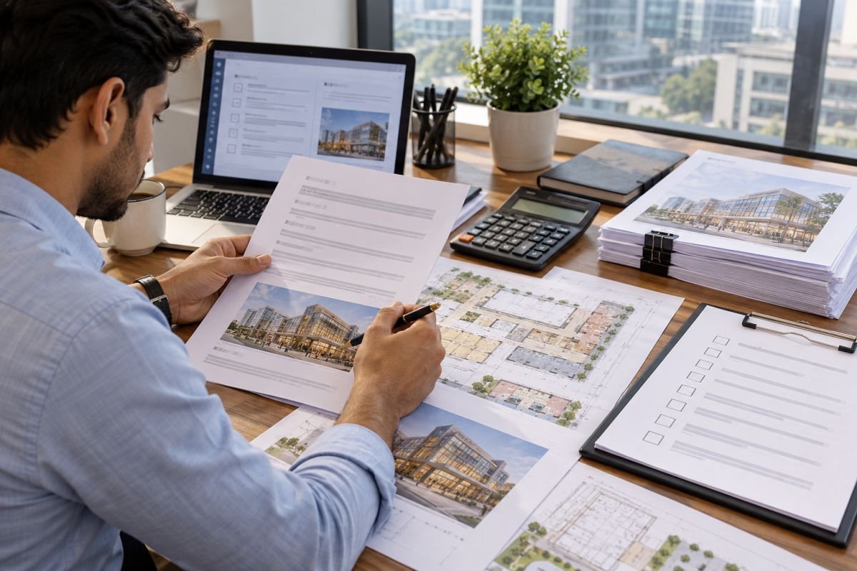 Commercial property buyer checking project documents and a due-diligence checklist before investing.